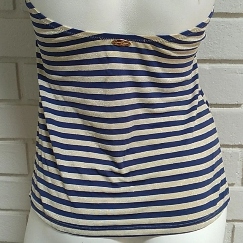 Jessica Simpson Blue/Gold Striped Tie Tankini Swim Top. Size Medium - Picture 8 of 12